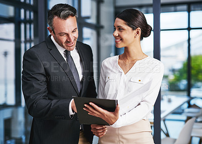 Buy stock photo Cropped shot of two businesspeople reading a file while standing in a modern office