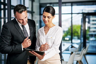 Buy stock photo Cropped shot of two businesspeople reading a file while standing in a modern office