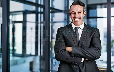 Buy stock photo Cropped portrait of a handsome mature businessman smiling while standing with his arms crossed in a modern office