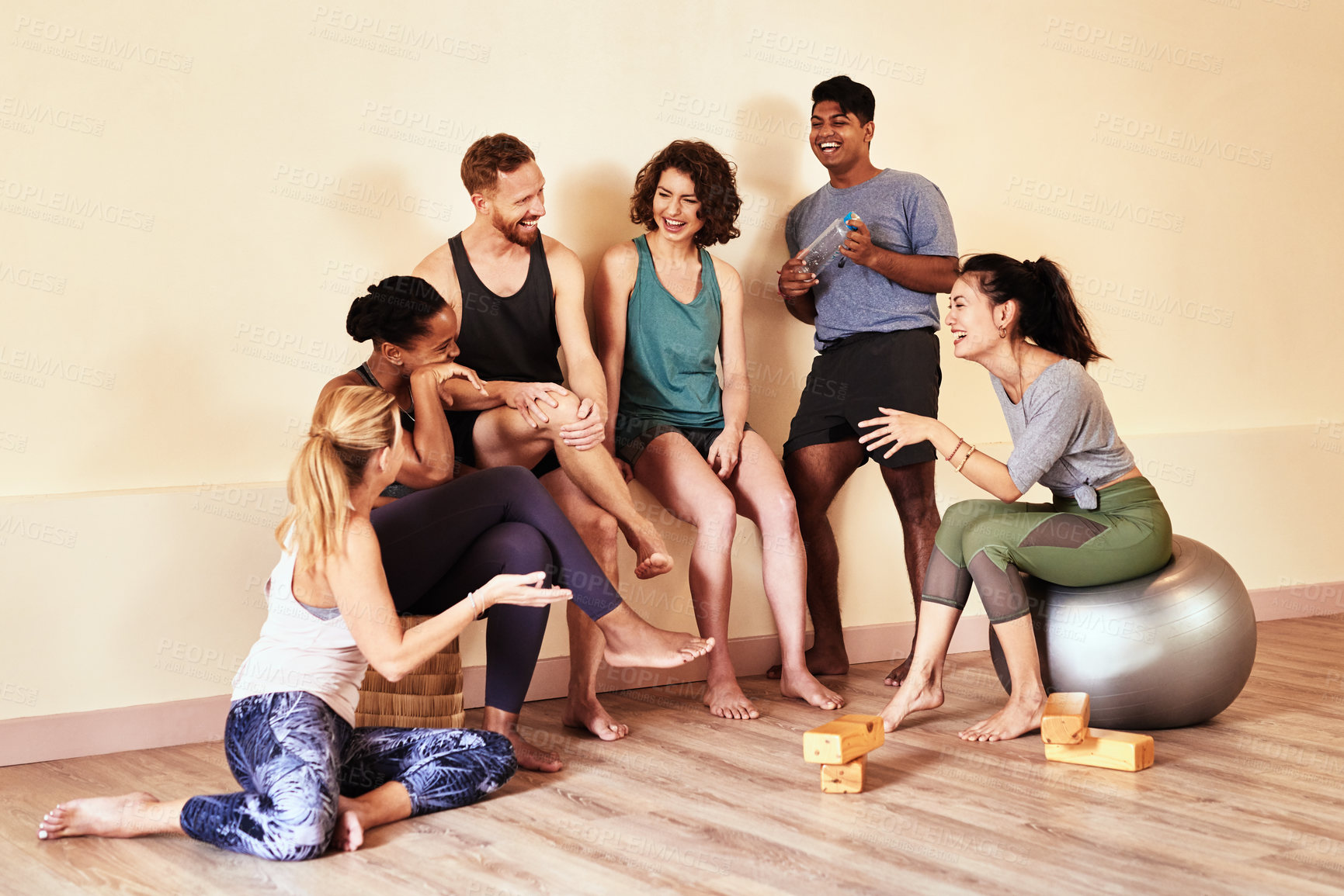 Buy stock photo People, talking and happy in yoga class for teamwork, discussion and bonding together with diversity. Group, smile and support in studio for spiritual conversation, exercise and fitness with friends