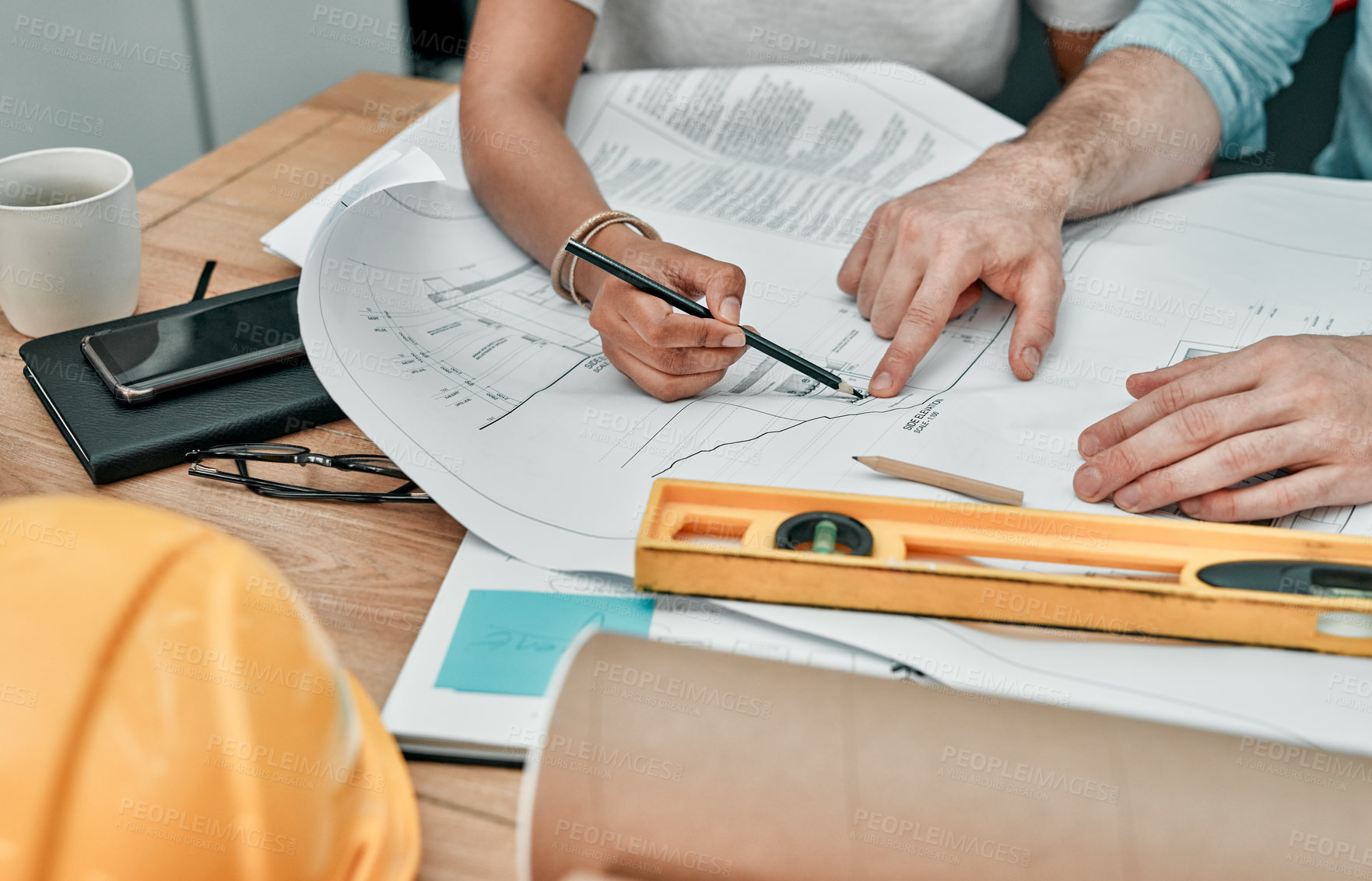 Buy stock photo Notes, architecture and hands of people at desk with planning, support and project management. Writing, collaboration and design team in office for ideas, civil engineering and blueprint drawing