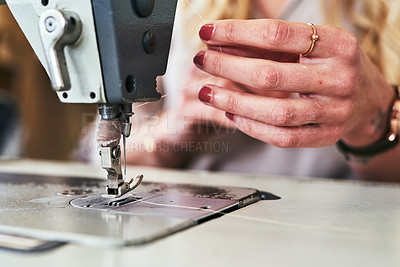 Buy stock photo Sewing machine, seamstress woman hands and fashion designer with thread work. Small business, entrepreneur and female tailor with boutique and creative worker working with machinery for clothing
