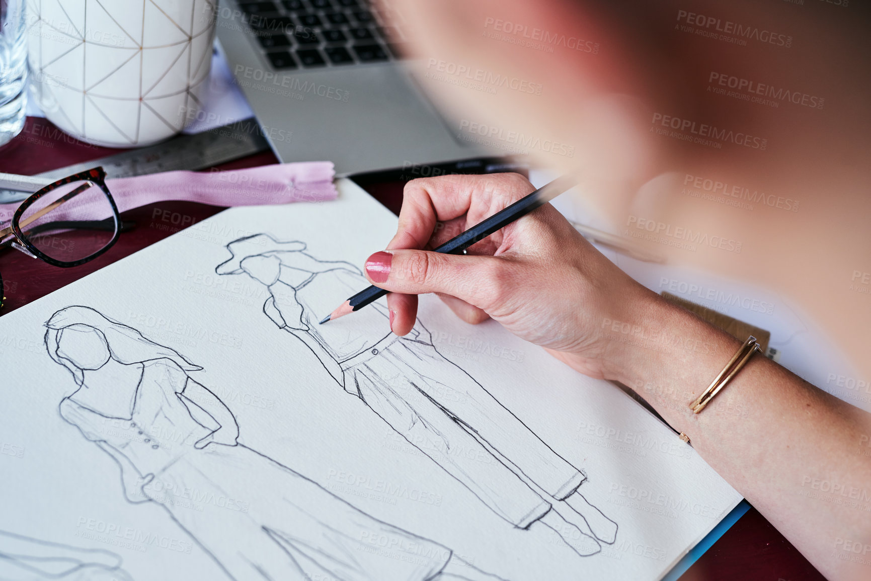 Buy stock photo Woman, hands and fashion designer drawing on paper for planning, idea or sketch on office desk. Hand of creative female person, artist or graphic design sketching clothing ideas for startup on table