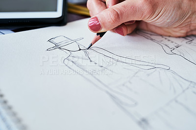 Buy stock photo Woman, hands and fashion design closeup of drawing on paper in planning, idea or sketching on desk. Hand of creative female person, artist or graphic designer for clothing sketch ideas for startup