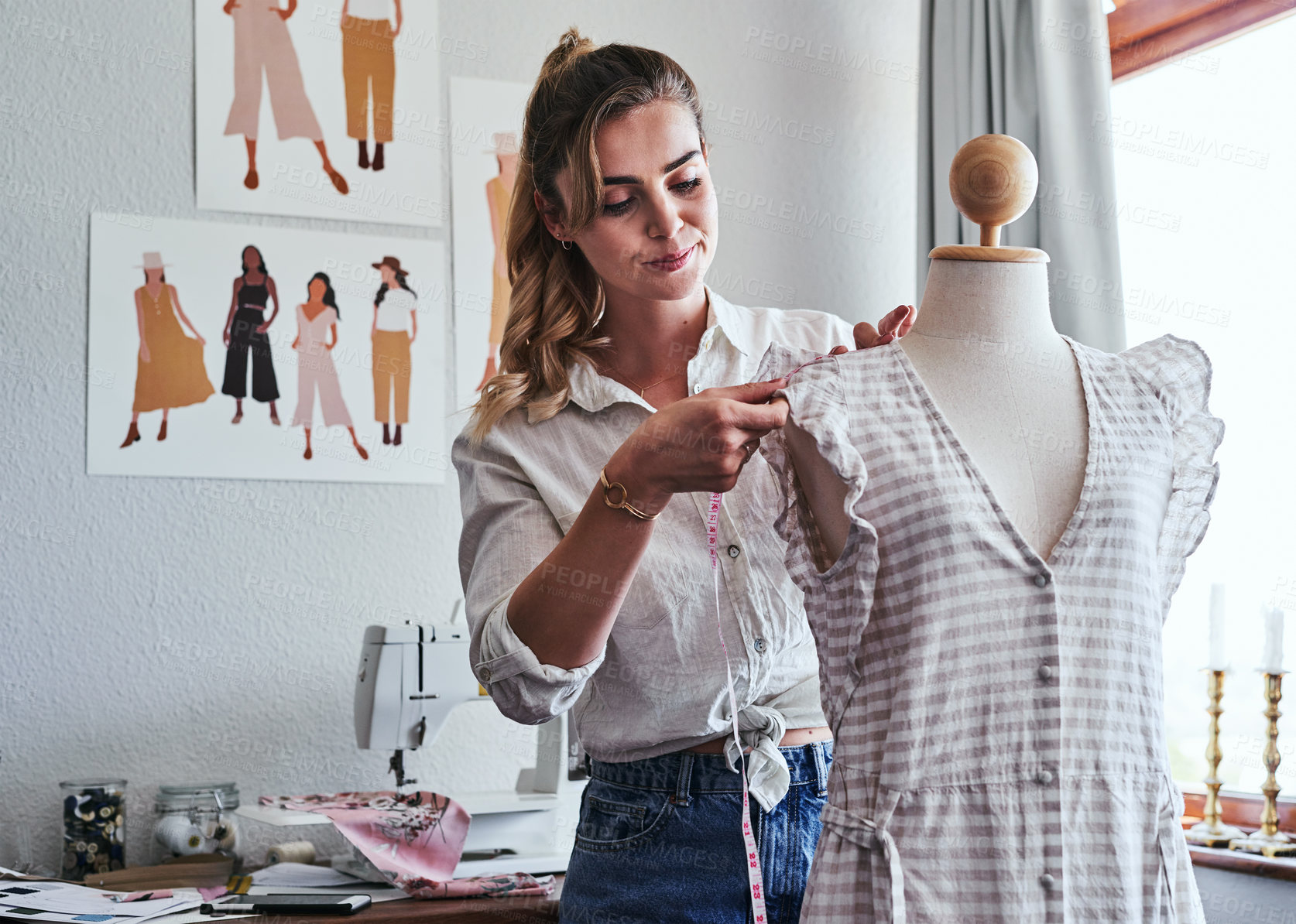 Buy stock photo Fashion, mannequin and happy woman with measuring tape, creativity and small business clothing boutique. Happiness, designer or tailor working on dress, design for clothes in creative startup studio.
