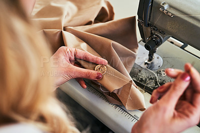 Buy stock photo Sewing machine, woman hands and fashion designer with button and thread work. Small business, entrepreneur and female tailor with boutique and creative worker working with machinery for clothing