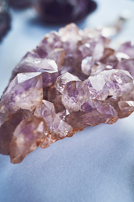 Buy stock photo Crystals, energy and stones for spiritual practice, healing and jewellery for chakra cleansing. Rocks, minerals and geology for reiki, meditation and religion as gemstone, amethyst and quartz for zen