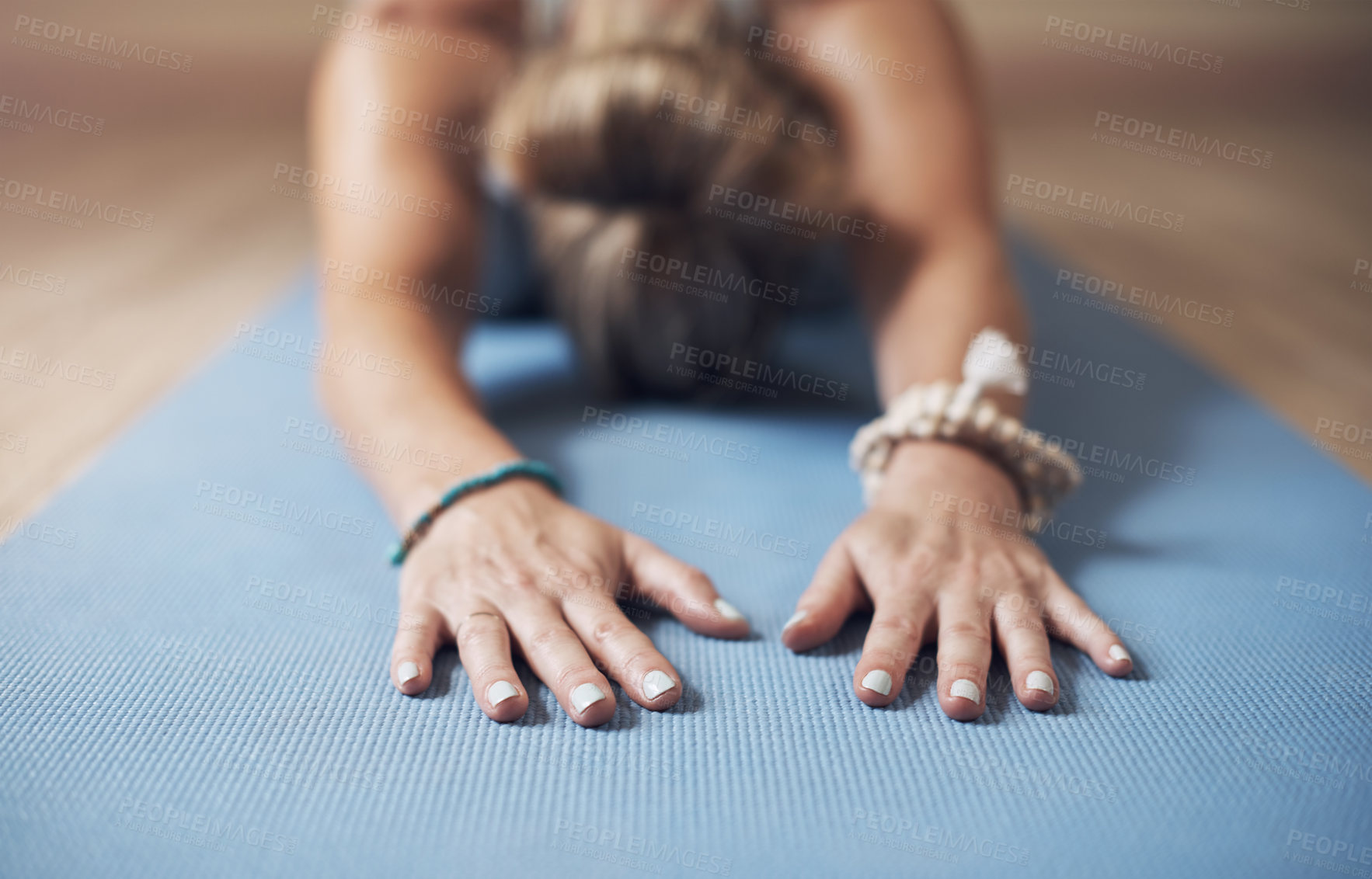 Buy stock photo Hands, yoga and close up of woman stretching with workout for energy and wellness. Female yogi, health and flexible at gym for fitness, exercise and relax for muscle, recovery and zen or balance