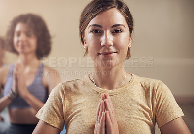 Buy stock photo Woman, yoga and portrait with prayer hands for mediation, relax and zen for holistic health. Personal trainer, instructor and spiritual for exercise, wellness and mindfulness with pride and calm