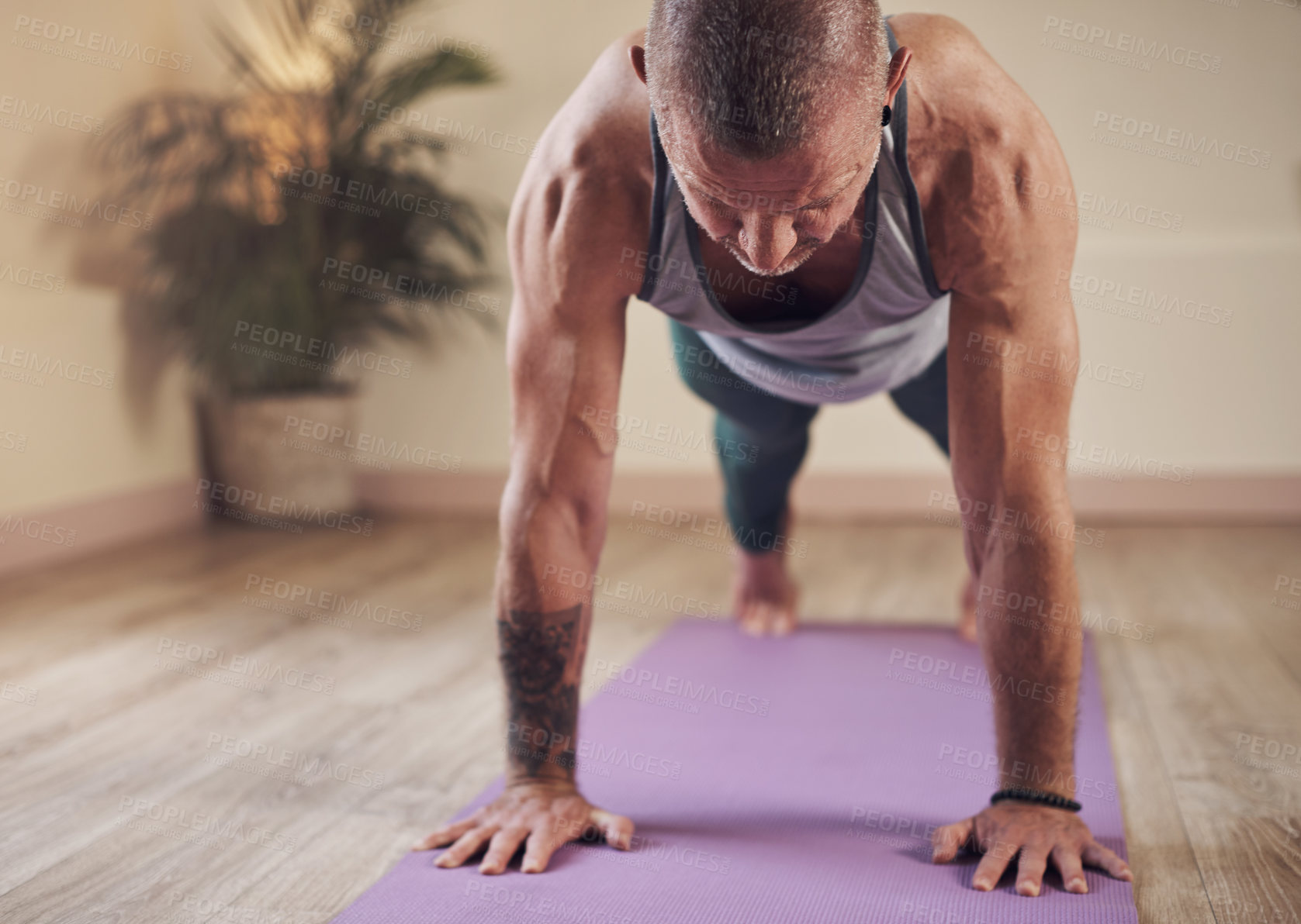 Buy stock photo Cropped shot of a handsome young man holding a high plank pose during an indoor yoga session alone