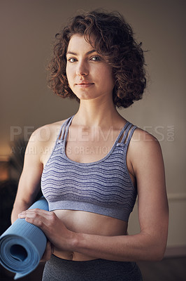 Buy stock photo Portrait, yoga instructor and woman with mat before class, session and promoting business in studio. Smile, female coach and equipment for exercise, wellness and training for meditation and balance