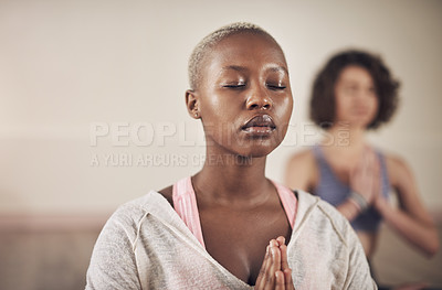 Buy stock photo Black woman, namaste and peace for meditation with yoga for holistic wellness, mental health and healing in class. Girl, person and prayer hands for mindfulness, stress relief or zen with eyes closed