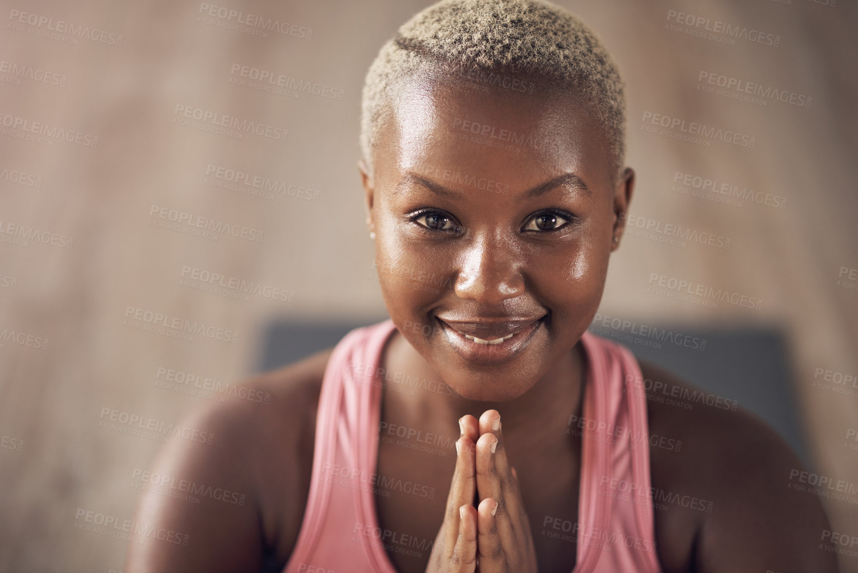 Buy stock photo Portrait, black woman and prayer hands for yoga, meditation and breath work in wellness studio. Smile, face and relax for calm female person and training, holistic and spiritual energy for balance