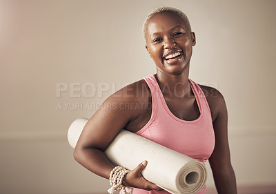Buy stock photo Laugh, black woman and mat for portrait, yoga and ready for spiritual awareness exercise. Female person, self care and equipment for pilates or relax in studio, mindfulness and gear for activity