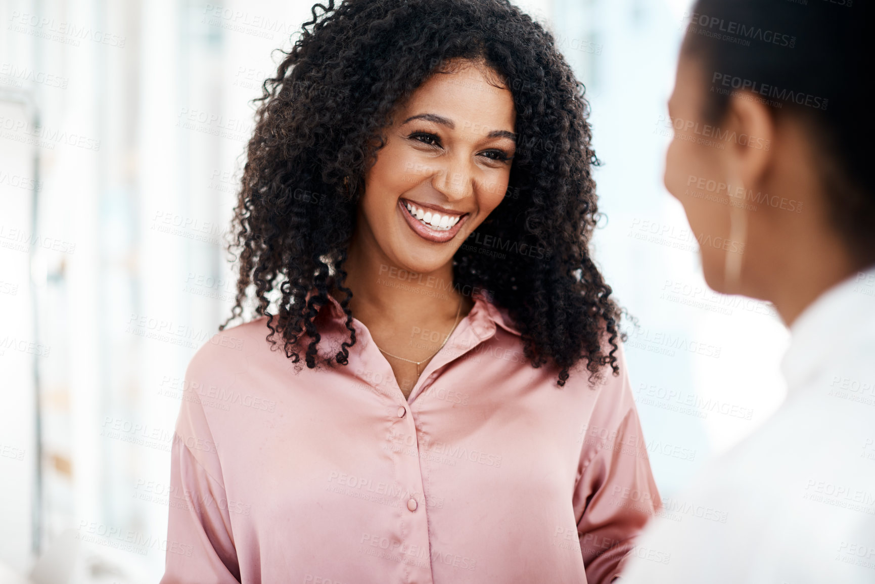 Buy stock photo Businesswomen, office and communication for work project, collaboration and black woman meeting. Happy, conversation and professional female accountants, speaking or friends talking in workplace