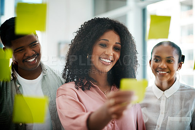 Buy stock photo People, sticky note and office glass for strategy, planning and teamwork in creative agency for company project. Brainstorming, discussion and collaboration in workplace, task and business meeting