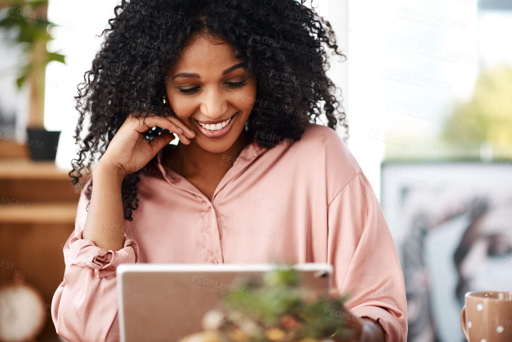 Buy stock photo Black girl, happy and tablet in business office for career in journalism, online and working on research for information. Woman, technology and file management for article, report and communication.