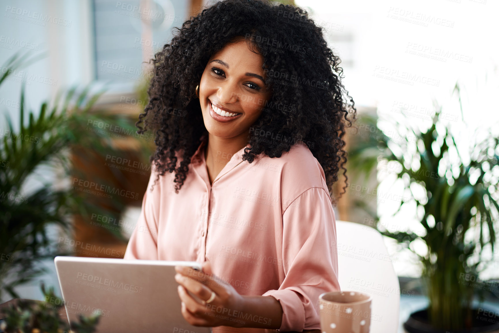 Buy stock photo Black woman, portrait and tablet in business office for career in journalism, online and working on research for information. Girl, technology and task management for article, report and editing.