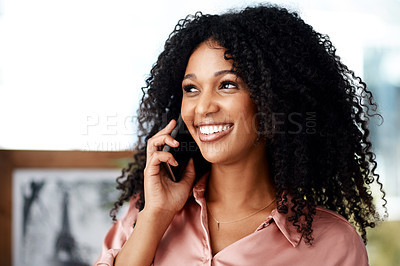 Buy stock photo Phone call, listening and business woman in office with mobile for conversation, networking or negotiation. Visual artist, discussion and African employee for planning, info or exhibition schedule