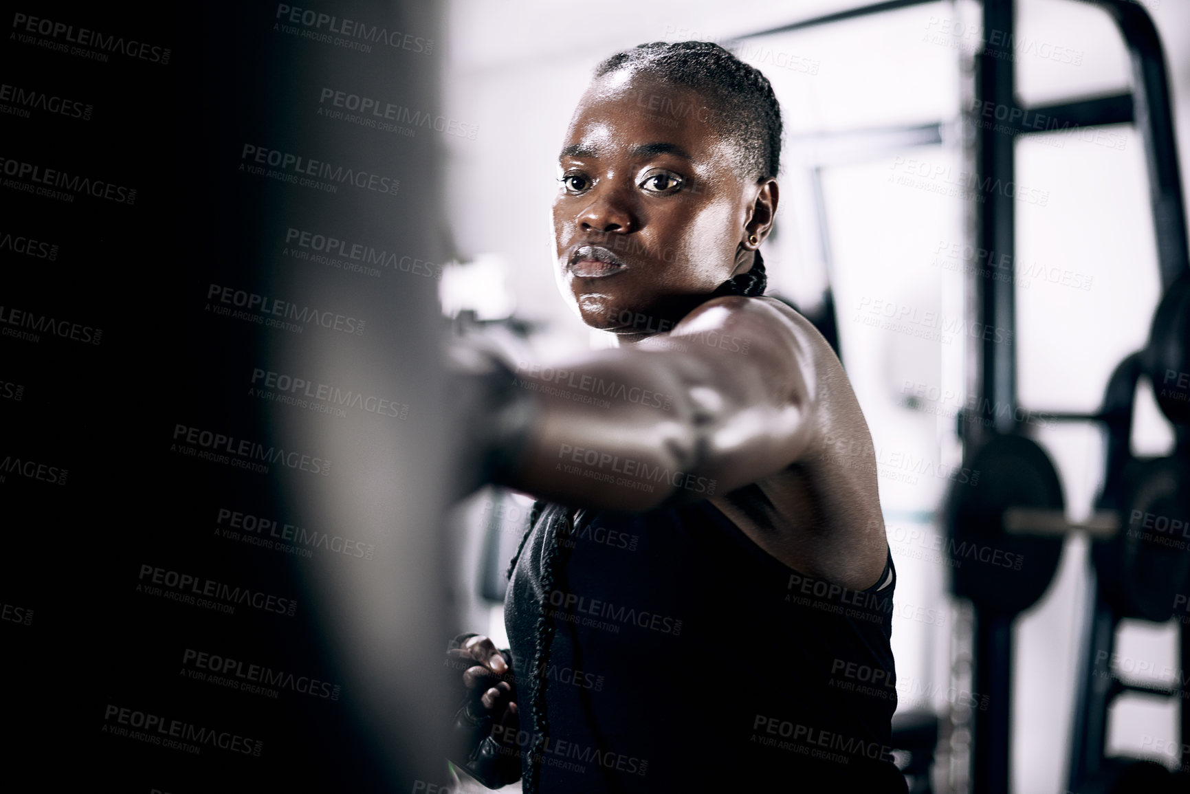 Buy stock photo Cropped shot of an attractive young female athlete working out on a boxing bag in the gym