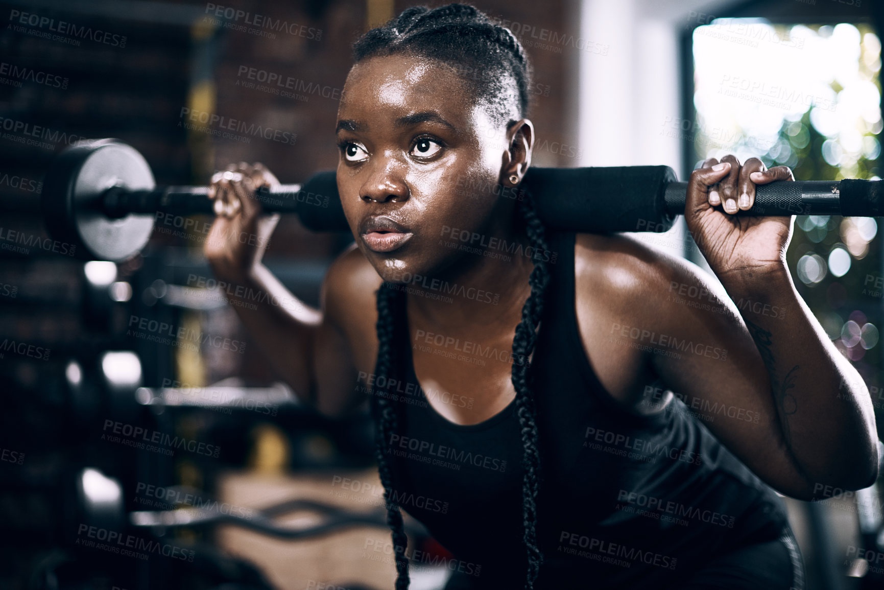 Buy stock photo Full length shot of an attractive young female athlete lifting weights in the gym