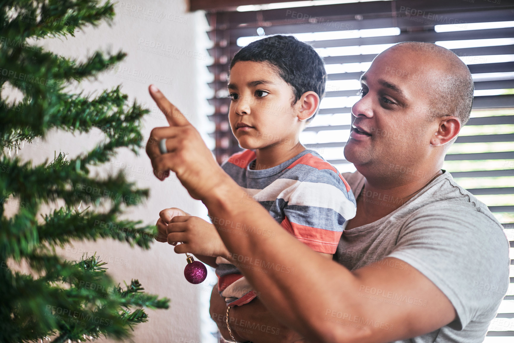 Buy stock photo Cropped shot of a cheerful young man and his son putting up Christmas decorations on a tree at home during the day