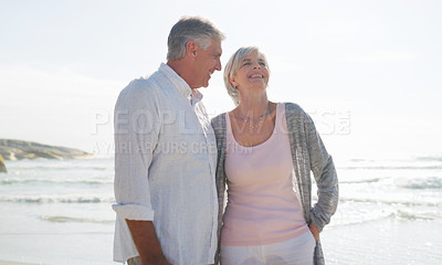 Buy stock photo Cropped shot of an affectionate senior couple having a laugh together at the beach on a summer's day