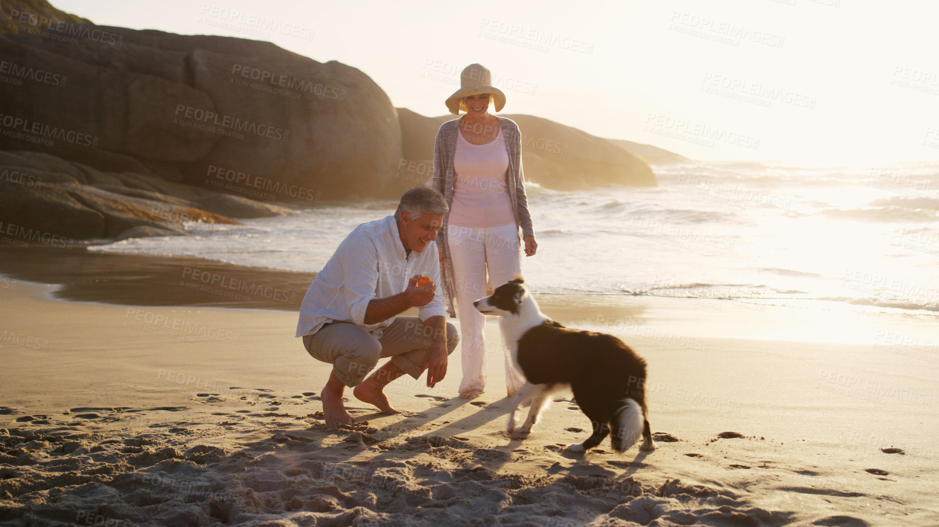 Buy stock photo Full length shot of an affectionate senior couple playing with their dog at the beach