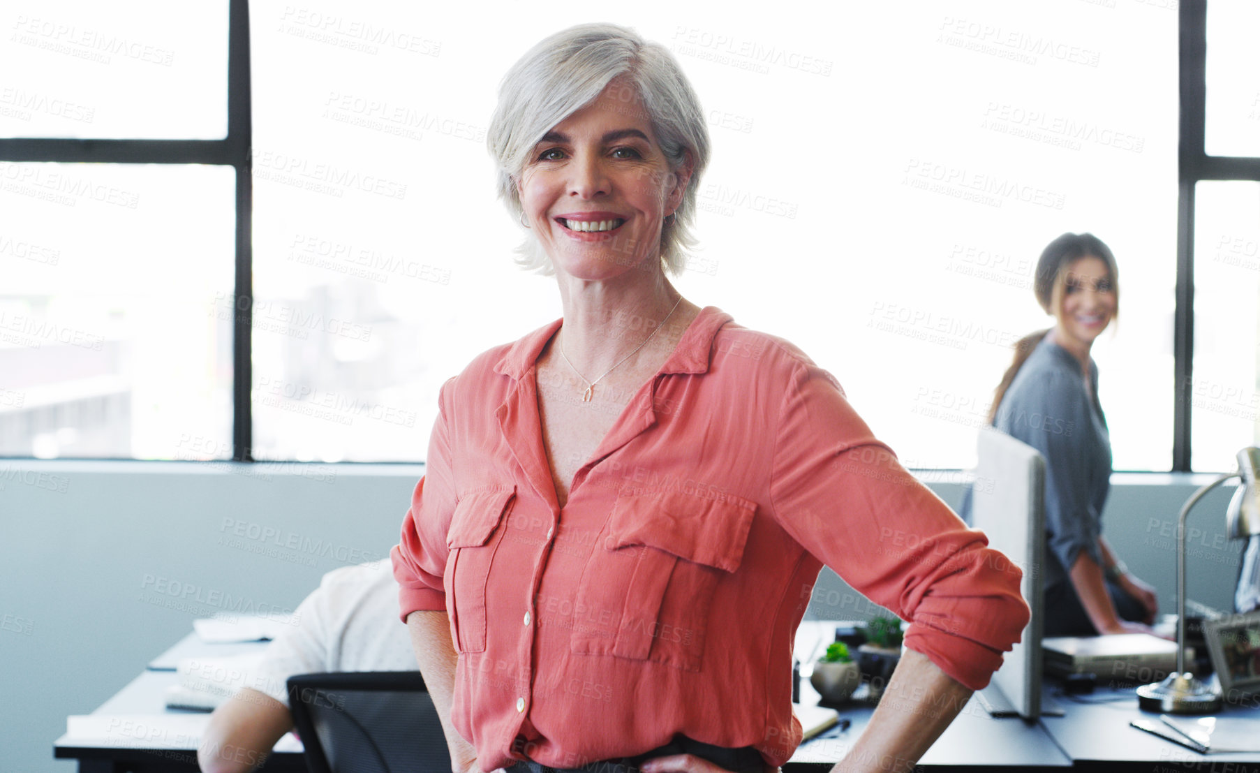 Buy stock photo Portrait of a confident mature businesswoman working in a modern office with her colleagues in the background