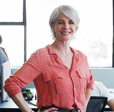 Buy stock photo Portrait of a confident mature businesswoman working in a modern office with her colleagues in the background