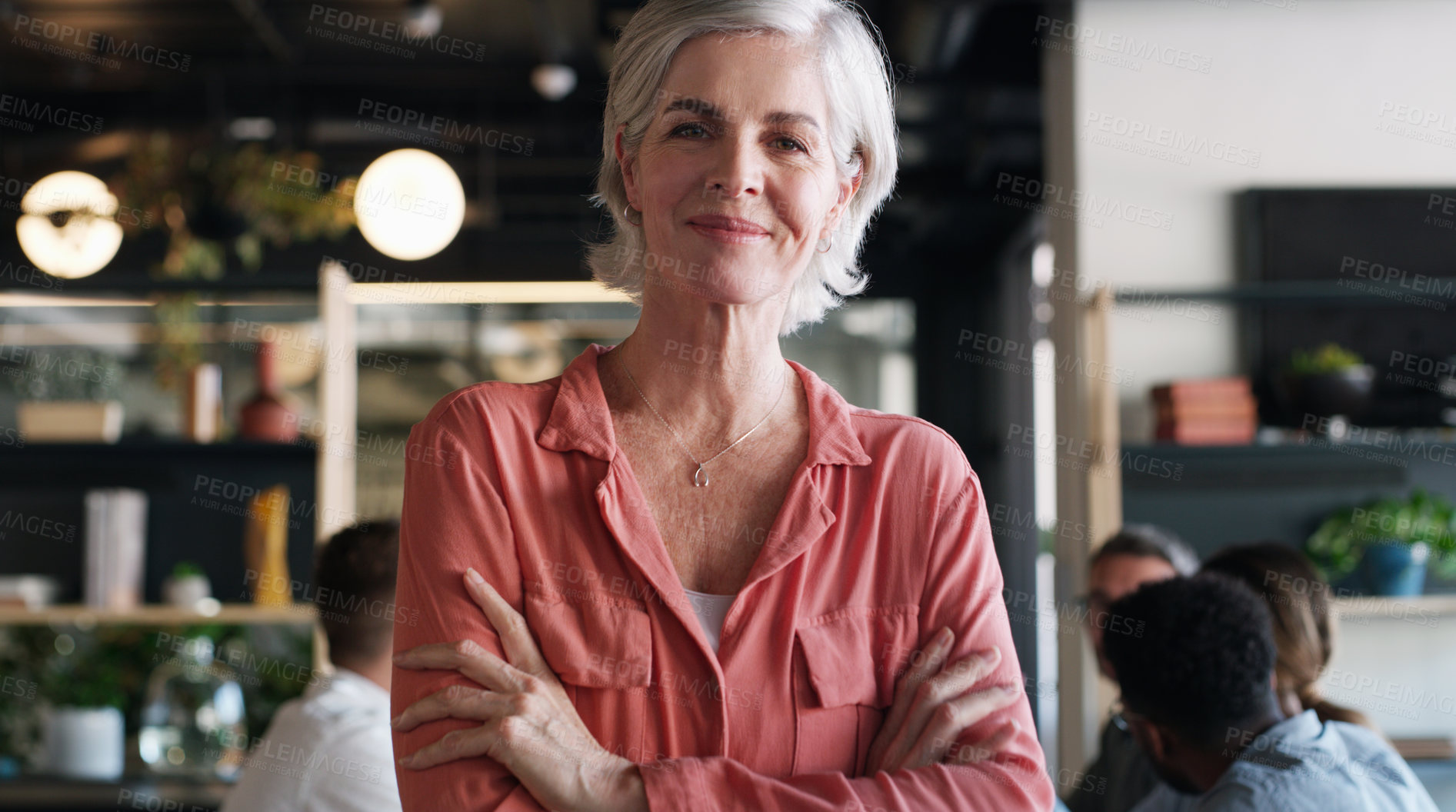 Buy stock photo Portrait of a confident mature businesswoman in in the office boardroom with her colleagues in the background