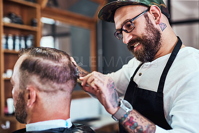 Buy stock photo Hair care, client and happy man in barbershop with comb, cut and tools for trendy hairstyle trim at small business. Style, barber and customer in chair for grooming service, haircut skills and shave