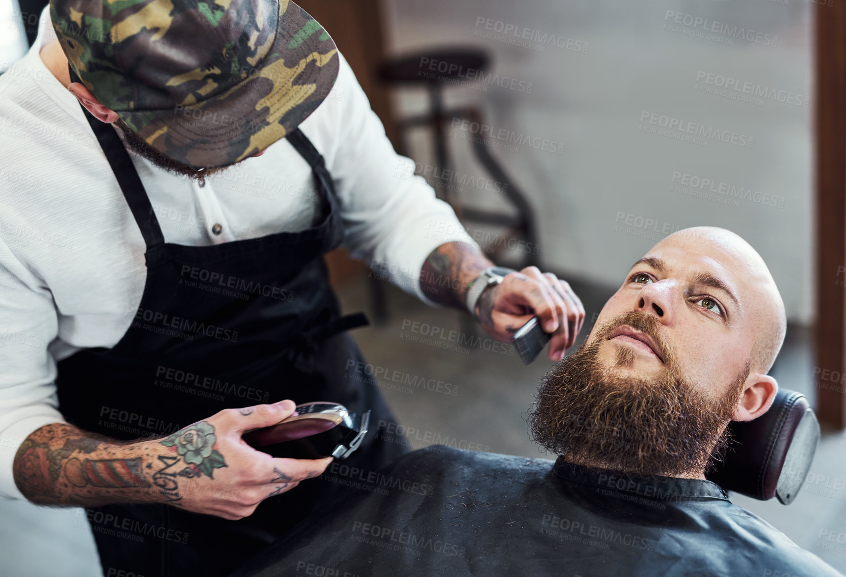 Buy stock photo Beard, electric razor and barber with man for shave, haircut and grooming for hygiene, wellness or cosmetics. Barbershop, salon parlor and person with machine, equipment and blade for hair service