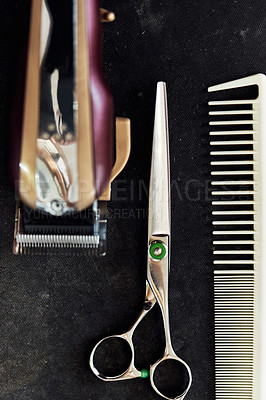 Buy stock photo Barbershop, scissor and trim tools for hairdresser, haircut and hair salon for beauty and haircare treatment. Professional, clean and vintage grooming gear for hairstylist and barber kit at workplace