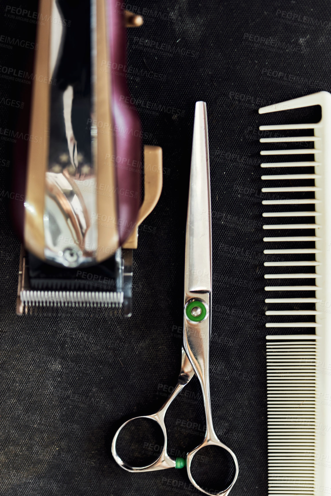 Buy stock photo Barbershop, scissor and trim tools for hairdresser, haircut and hair salon for beauty and haircare treatment. Professional, clean and vintage grooming gear for hairstylist and barber kit at workplace