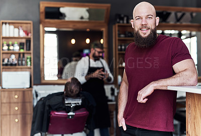 Buy stock photo Hair care, confidence and portrait of man in barbershop with smile, people and skills at trendy small business. Style, face and happy barber with professional grooming service, haircut and trim.