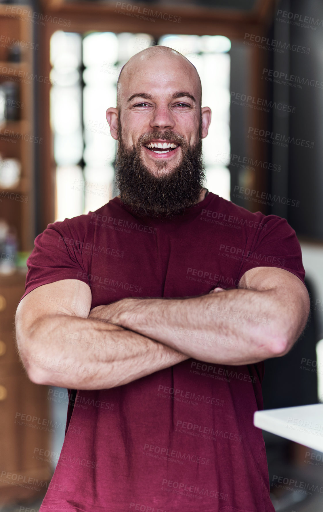 Buy stock photo Man, portrait and arms crossed in salon for startup with casual, career with creative grooming or cosmetic. Male entrepreneur, happiness and workplace with professional trim or cut, barber in Chicago