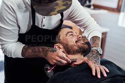 Buy stock photo Beard, salon and barber with man for shave, haircut and grooming for hygiene, wellness and cosmetics. Barbershop, hairdresser parlor and person with razor and blade for hair service, trim or beauty