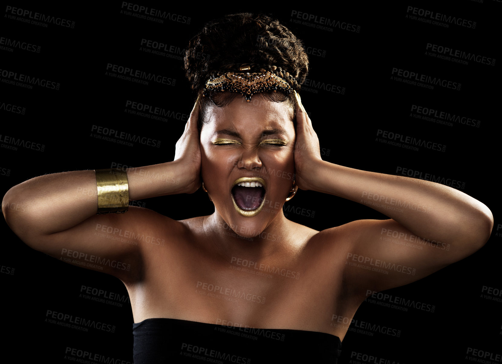 Buy stock photo Noise, scream and black woman with gold jewelry for fashion, beauty or makeup crown for luxury isolated on dark background. African queen, expression or accessories for culture, wealth or cosmetics