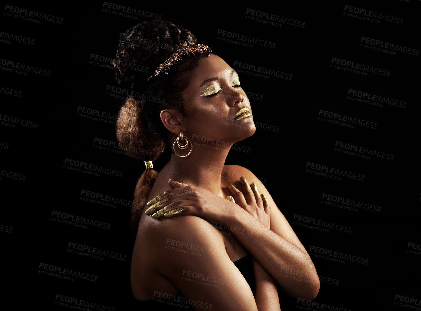 Buy stock photo Noise, gold and black woman with jewelry for fashion, beauty or makeup crown for luxury isolated on dark background. African queen, eyes closed or accessories for culture, wealth or royalty by mockup