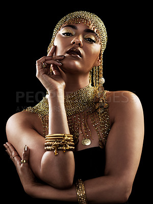 Buy stock photo Fashion, portrait and woman with attitude in studio with jewellery, gold or creative on black background. Face, queen and lady model pose in luxury accessories for cosplay, rich and royal aesthetic 