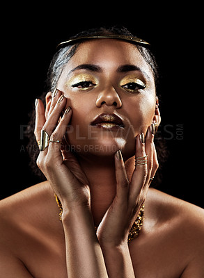 Buy stock photo Woman, portrait and makeup beauty in studio with cosmetic confidence, tribal or jewelry. Indian person, face and hands with ring or gold accessories on black background for creative, pride or culture