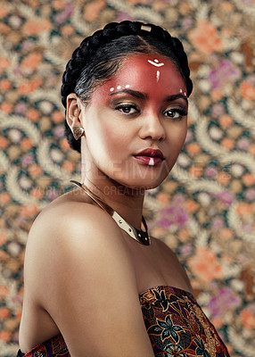 Buy stock photo Africa, fashion and portrait of black woman with jewelry in studio on wallpaper background for tradition. Beauty, culture and heritage with face of young tribal person in makeup for custom or ritual