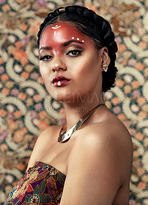 Buy stock photo Africa, fashion and portrait for tradition with black woman in studio on wallpaper background for heritage. Culture, face and jewelry with confident young tribal person in makeup for custom or ritual