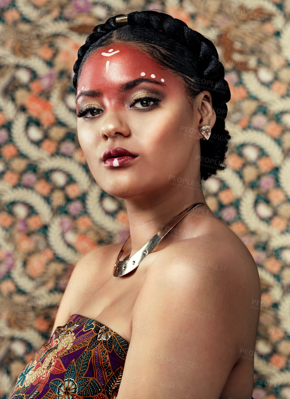 Buy stock photo Africa, fashion and portrait for tradition with black woman in studio on wallpaper background for heritage. Culture, face and jewelry with confident young tribal person in makeup for custom or ritual