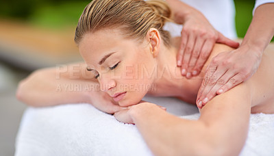 Buy stock photo Massage, woman and spa for detox, wellness and relaxation in muscles, hands and healing for self care. Female person, aromatherapy and health for body with closed eyes, calm and holiday or vacation