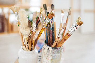 Buy stock photo Paintbrush, art and tools for creativity in studio, color and craft in small business and shop. Workshop, equipment and supplies in jars or container for project, decoration and production in store