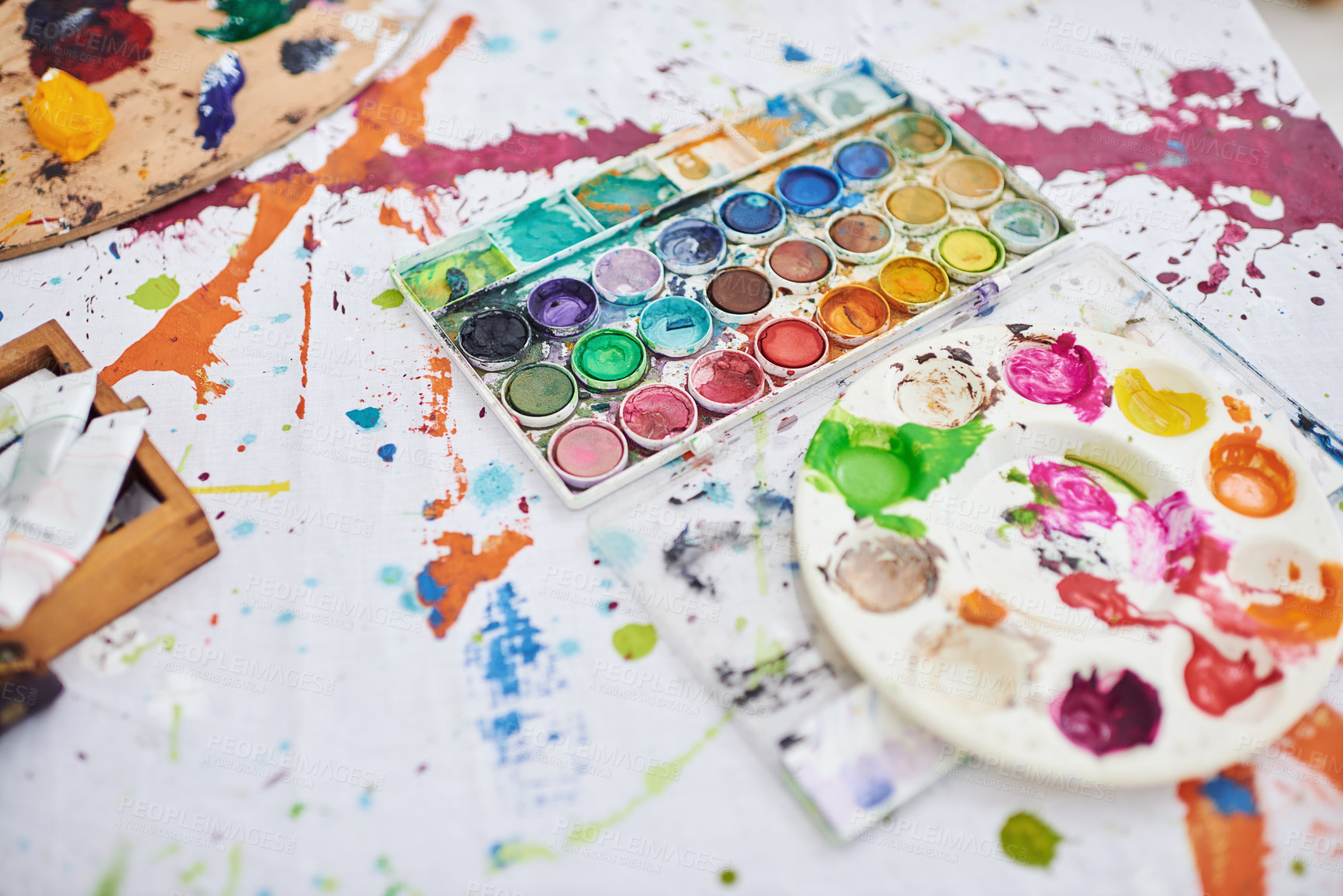 Buy stock photo Palette, art and tools for creativity in studio, color and craft in small business and shop. Workshop, equipment and supplies in table or container for project, decoration and production in store