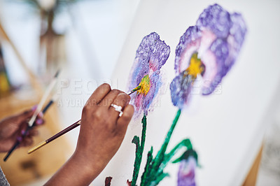 Buy stock photo Paintbrush, person and hands for flower in canvas, color and craft in small business and shop. Workshop, equipment and supplies for artist, container and project, art and painting with inspiration