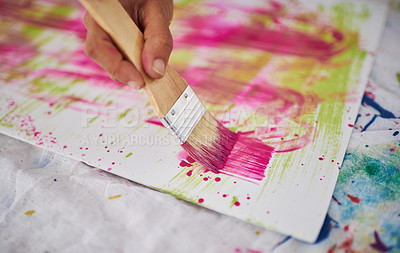 Buy stock photo Floor, brush and hands with paper, painting and artist with mess for artwork, creative and art. Closeup, person and watercolor for supplies, painter and talent in apartment, palette and inspiration